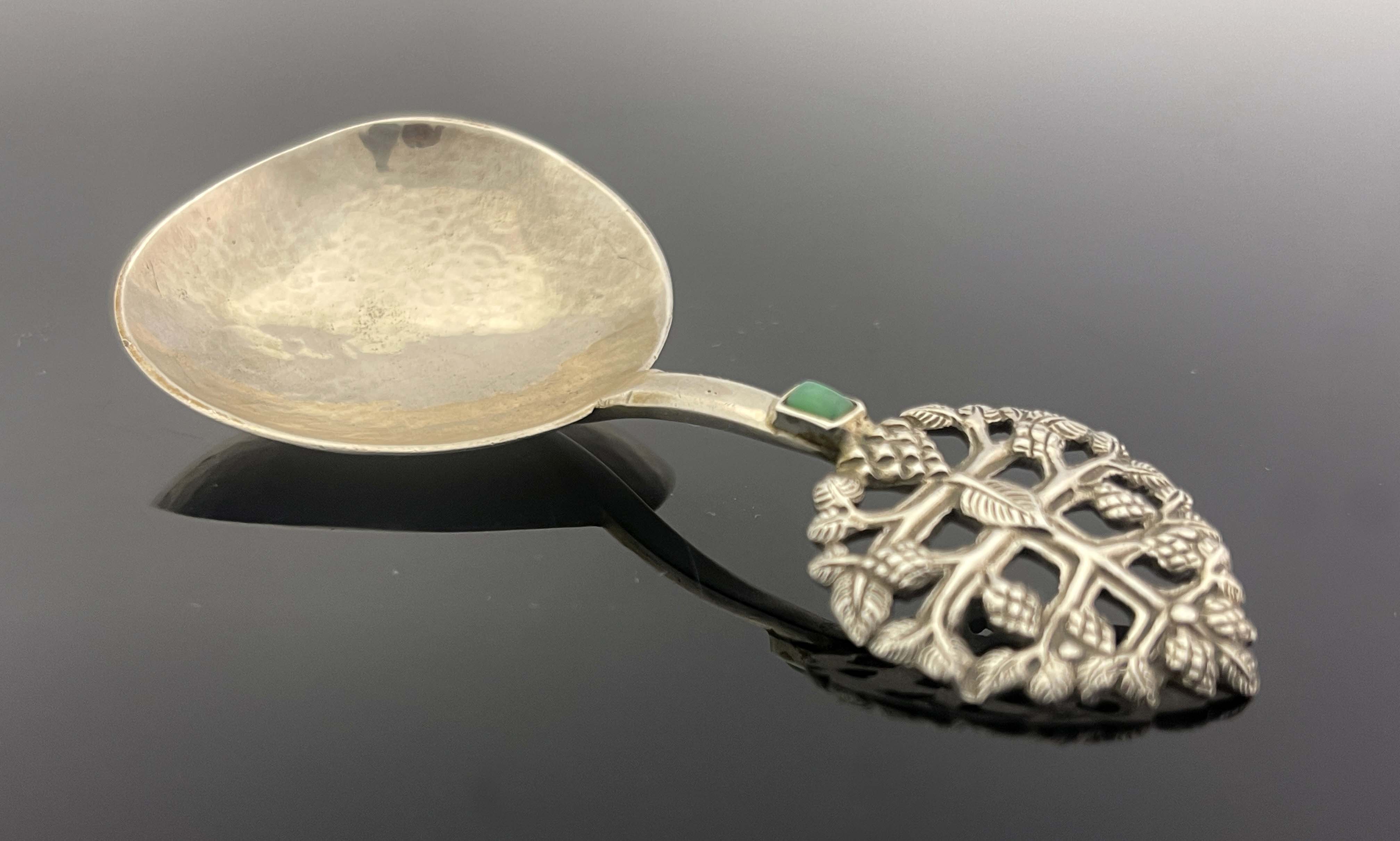 Edward Spencer for Artificers Guild, an Arts and Crafts silver and stone set caddy spoon, London 192