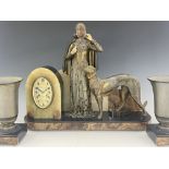 Menneville et Rochard, a large Art Deco figural clock, modelled with a woman and saluki dog, on