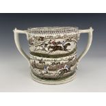 A large Staffordshire twin handled loving cup, J & R. Godwin, transfer printed steeple chase