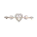 A late Victorian diamond heart and crescent bar brooch