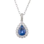 An 18ct gold sapphire and diamond pear-shape pendant, with chain