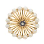 A mid 20th century 18ct gold cultured pearl, sapphire and diamond floral brooch