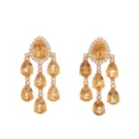 A pair of 18ct gold citrine and diamond chandelier drop earrings