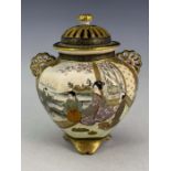 A Japanese satsuma ware koro, Meiji period, 1868-1912, gilt flower finial to the domed reticulated