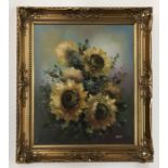 J..Justin (20th Century), still life of sunflowers, signed l.r., oil on canvas, 60 by 50cm, gilt