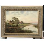 British School, early 20th Century, a pastoral scene with a farmstead and duck pond, oil on