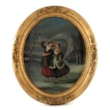 A reverse painted oval convex glass wall plaque, l