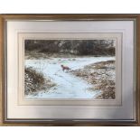David Parry, Fox in snow covered landscape, watercolour, signed, 29cm x 44.5cm framed