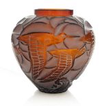 Rene Lalique, Courlis dark amber vase, model 1085