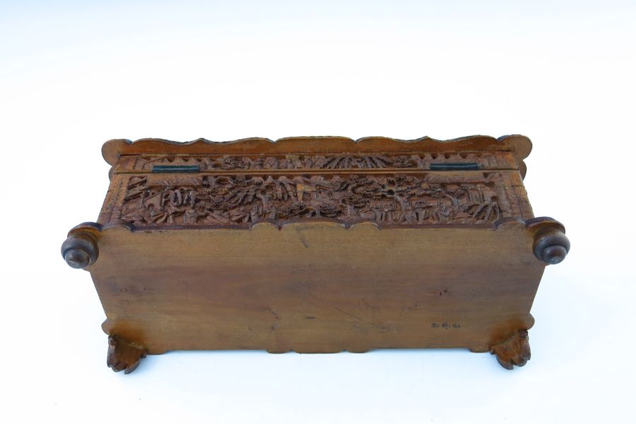 A late 19th Century Cantonese wooden table casket, carved throughout with figures and pagodas in - Image 4 of 4