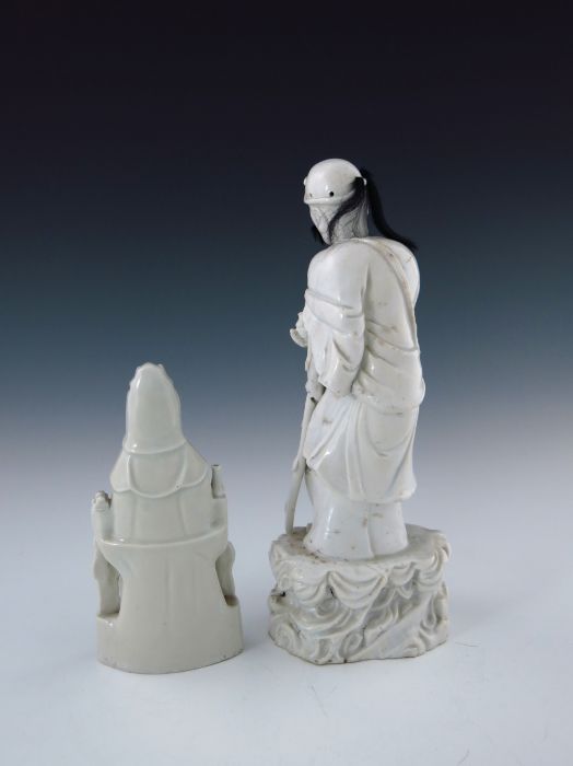 A 19th Century Chinese blanc de chine figure, modelled as a standing elder with a wooden staff, - Image 2 of 6