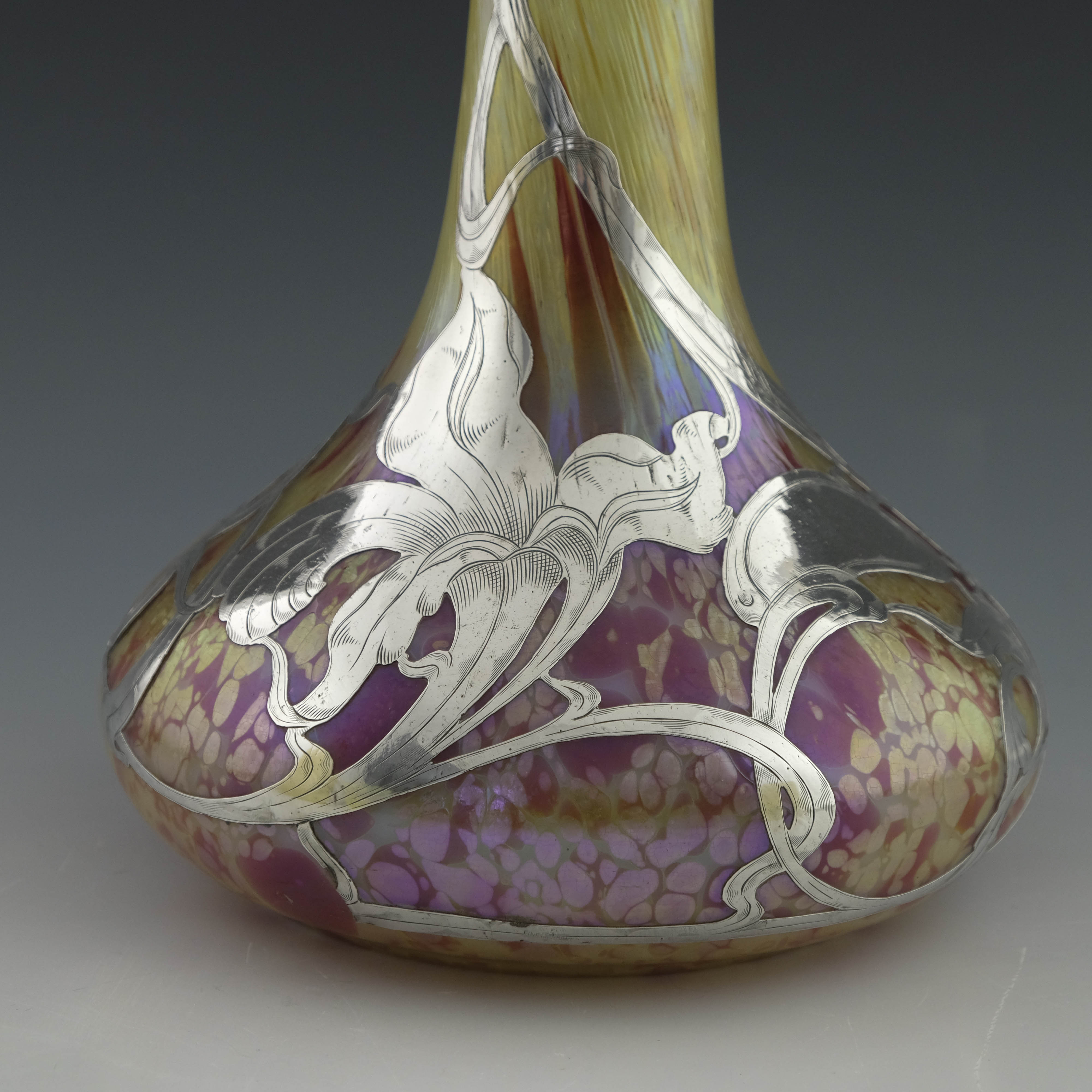 Fritz Heckert, a large Secessionist silver overlay iridescent glass vase - Image 2 of 3