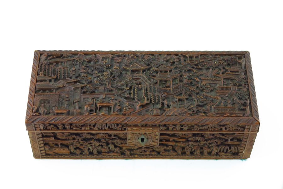 A late 19th Century Canton treen table casket, carved throughout in high relief with figures and - Image 2 of 5
