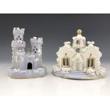 Two 19th Century lilac glazed pastille burners, one modelled as a double-fronted Gothic villa with