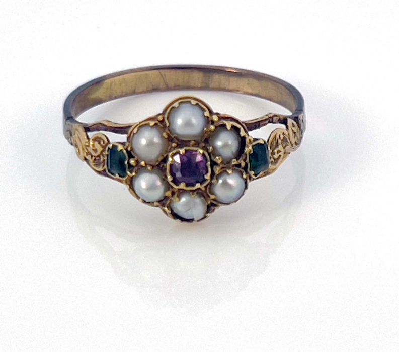 An early 19th century split pearl, emerald and ruby cluster ring