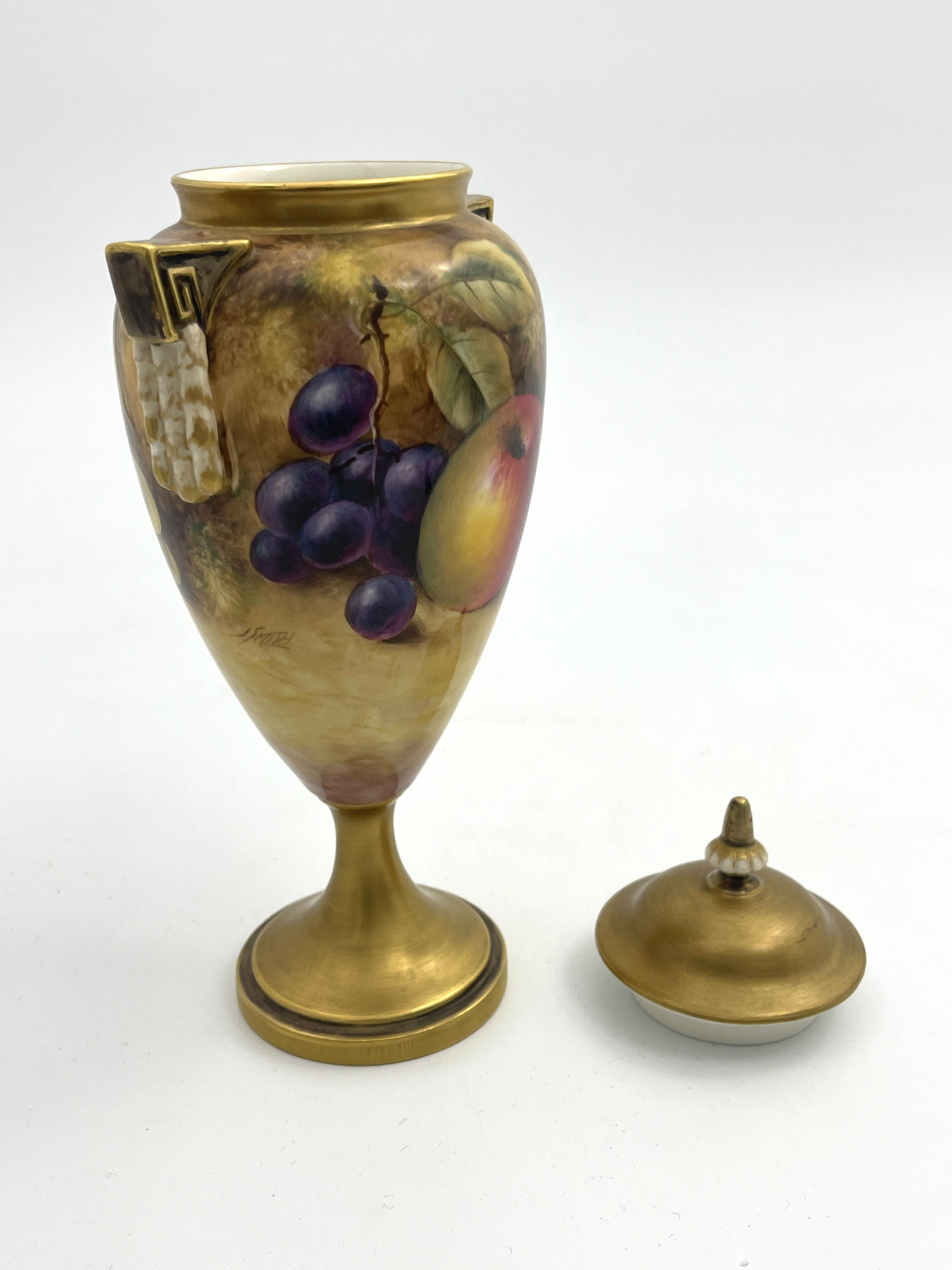 J Smith for Royal Worcester, a fruit painted pedestal vase and cover - Image 3 of 6