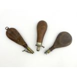 Three vintage leather shot flasks, metal fittings, one marked Hawksley, largest 19cm long (3)