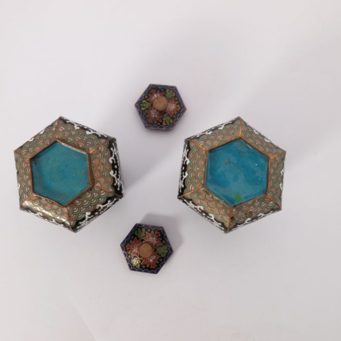 A pair of Japanese cloisonne covered vases, Meiji period, 1868-1912, of hexagonal tapered form, - Image 4 of 4
