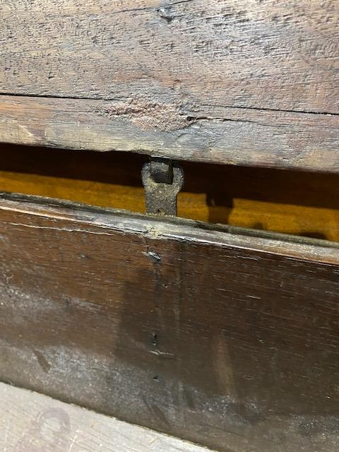 A 17th Century oak plank chest, moulded top with chip carved ends and corners, blacksmith hinges, - Image 4 of 10