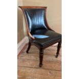 An early Victorian mahogany library desk chair, circa 1840, curved back, studded black leather