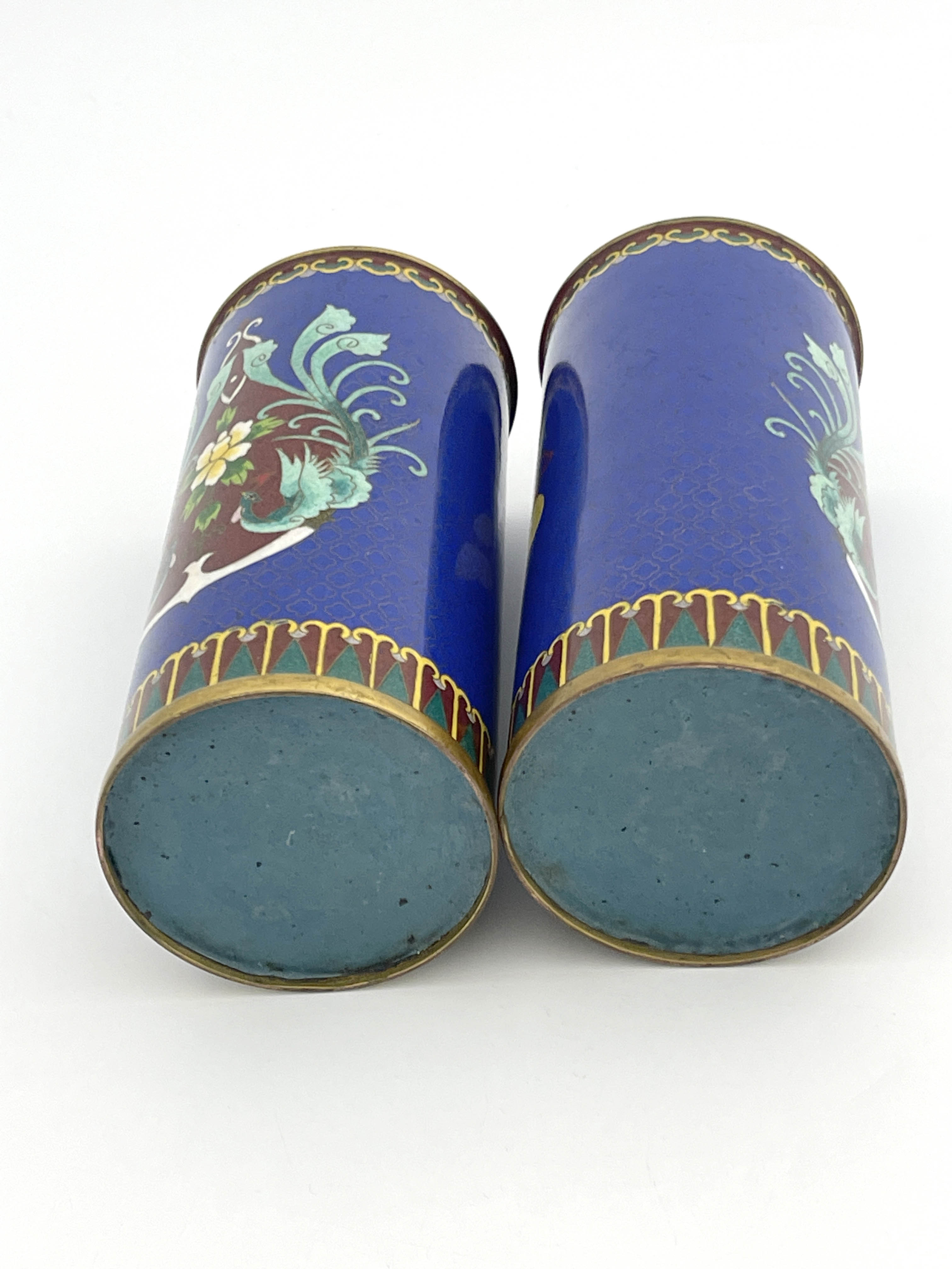 A pair of oriental cloisonne sleeve vases, decorated with stylised exotic birds amongst foliage on a - Image 3 of 4