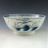 A Staffordshire Pearlware blue and white footed bowl, circa 1780, exterior painted with