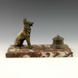 A French desk inkstand, circa 1920s, pink veined plinth mounted with a bronzed German Shepherd, 26cm