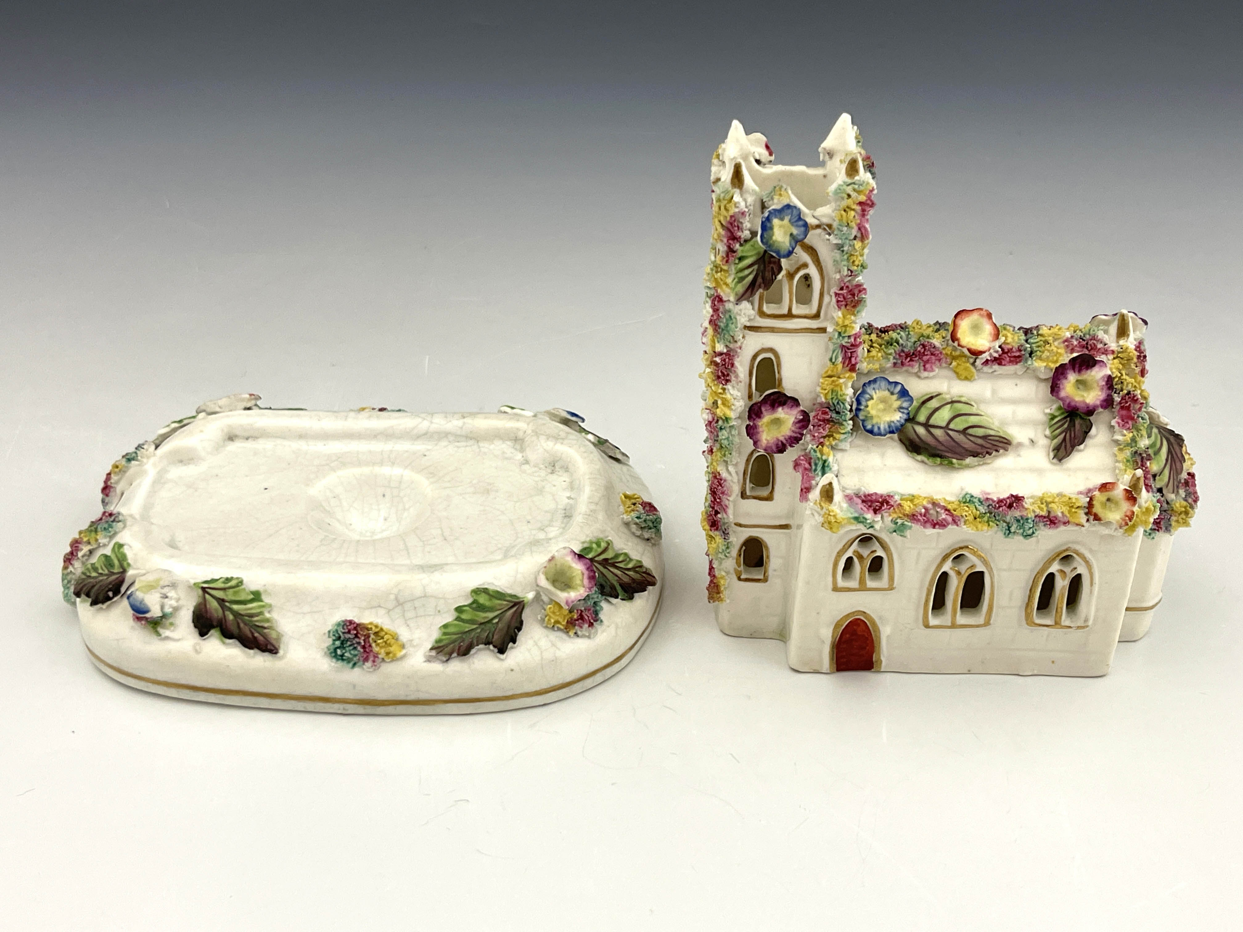 A 19th Century pastille burner on a separate stand, modelled as a Gothic church with tower, florally - Image 5 of 10