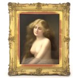 A late 19th Century Vienna porcelain plaque, Solitude after Angelo Asti, a nude frbeauty with long