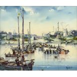 Jorge Aquilar Agon, Dutch fishing harbour, oil on canvas, signed l.r, 37cm x 45cm, framed