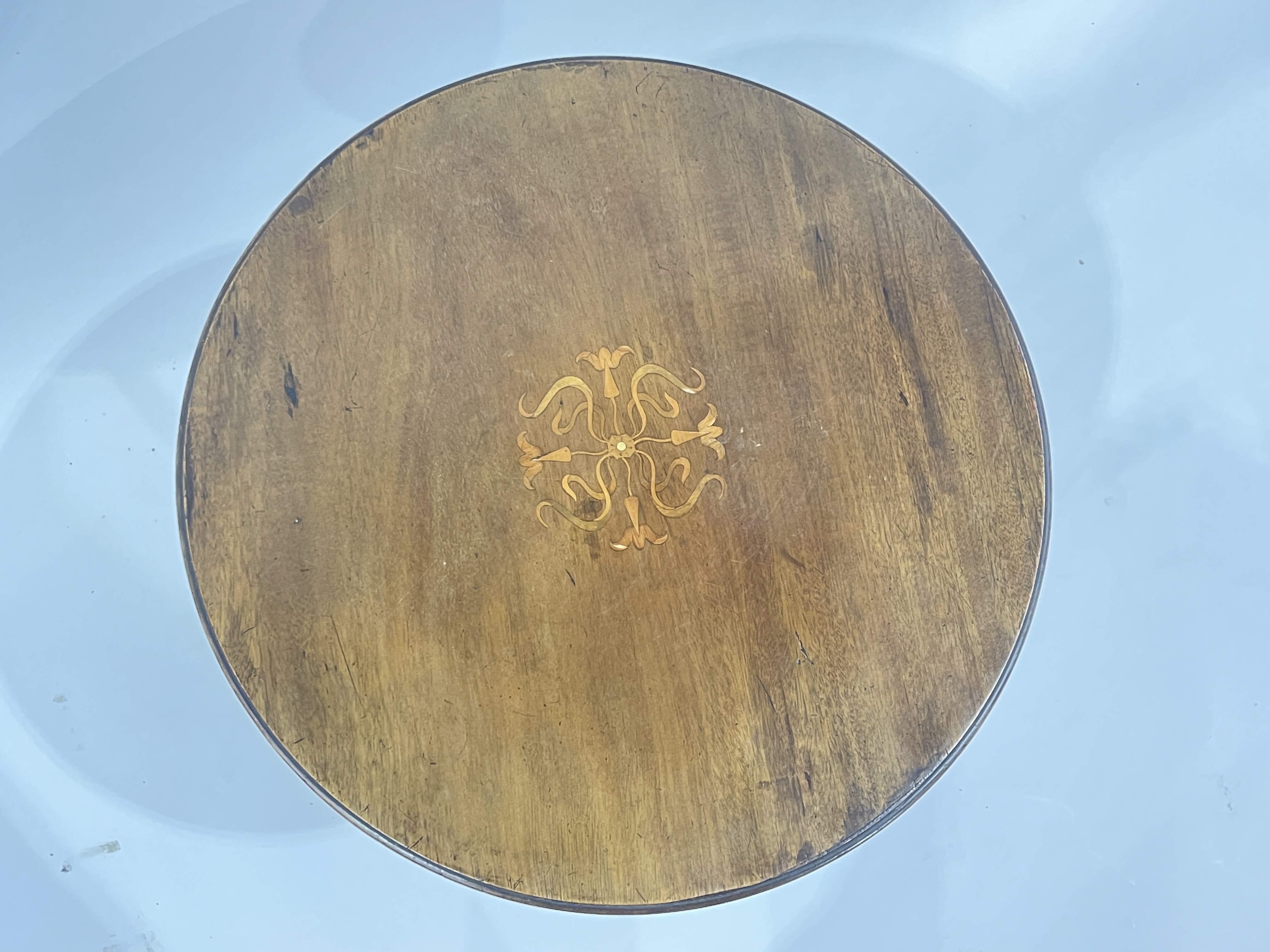 An Edwardian mahogany Art Nouveau occasional table, circa 1905, circular marquetry inlaid top, - Image 3 of 3