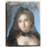 French School, mid 19th Century, portrait of a young lady, bust length wearing a blue shawl, pearl