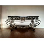An Italian wrought iron, tole and marble console table of Baroque design, late 19th or early 20th