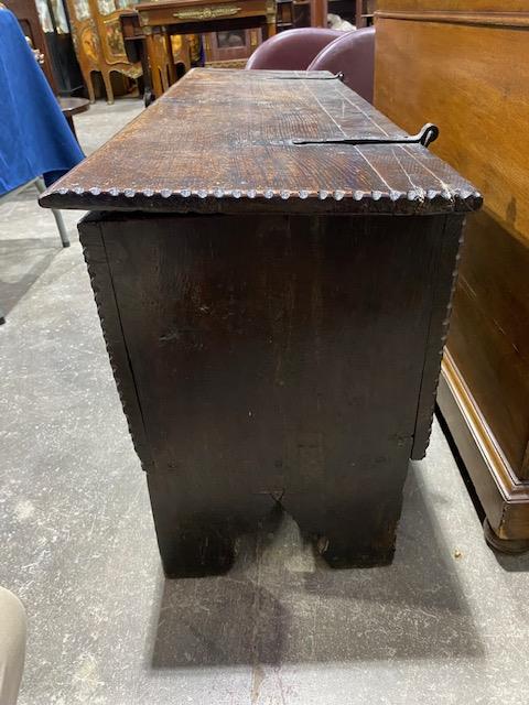 A 17th Century oak plank chest, moulded top with chip carved ends and corners, blacksmith hinges, - Image 6 of 10