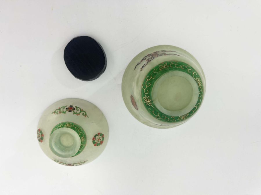 A Chinese pale jade covered rice bowl, footed cover, the main vessel of slightly flared form, enamel - Image 4 of 5