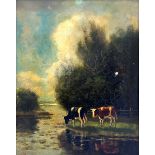 Ferdinand Bernhard Hoppe (German, 1841-1922). cattle watering in a wooded landscape, oil on