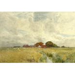 Max Ludby (British, 1858-1943), a pastoral landscape with a field of sheep and farm in the distance,