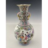 A Chinese Republican famille rose vase, twin handled baluster form