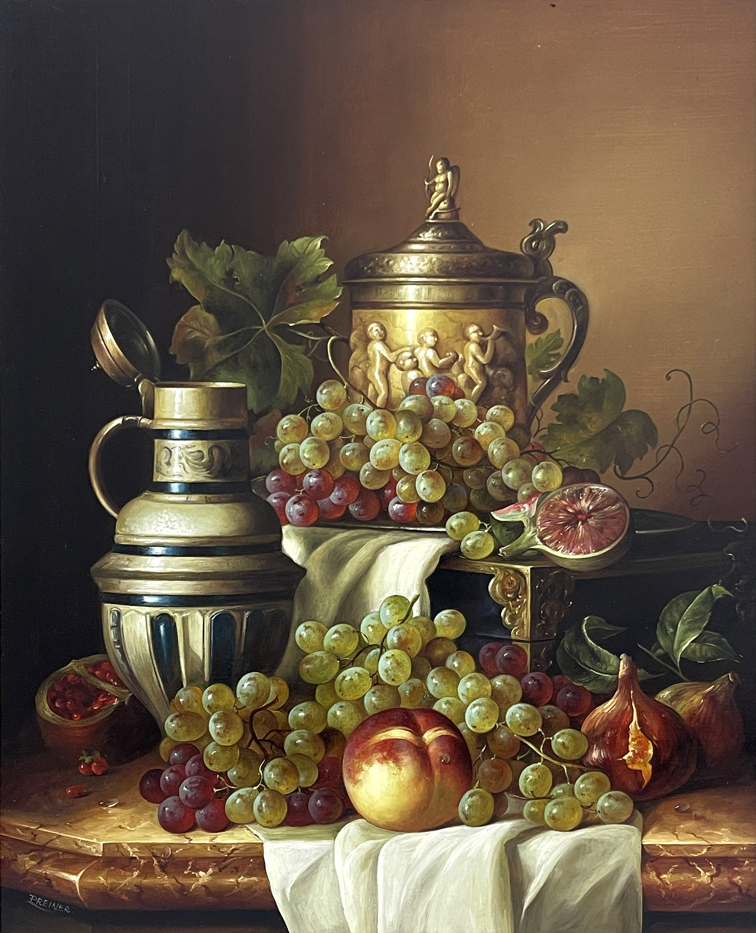 Zoltan Preiner (Hungarian, 1955), still life study of a lidded tankard, stoneware ewer, grapes,