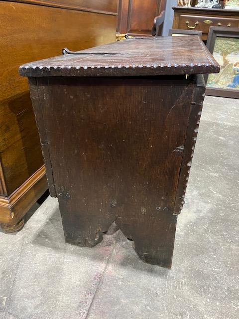 A 17th Century oak plank chest, moulded top with chip carved ends and corners, blacksmith hinges, - Image 7 of 10