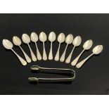 A set of eleven Victorian Scottish silver teaspoons and sugar tongs, Hamilton and Inches, Edinburgh