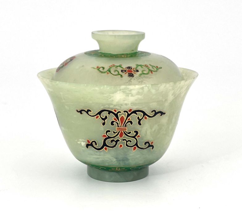 A Chinese pale jade covered rice bowl, footed cover, the main vessel of slightly flared form, enamel