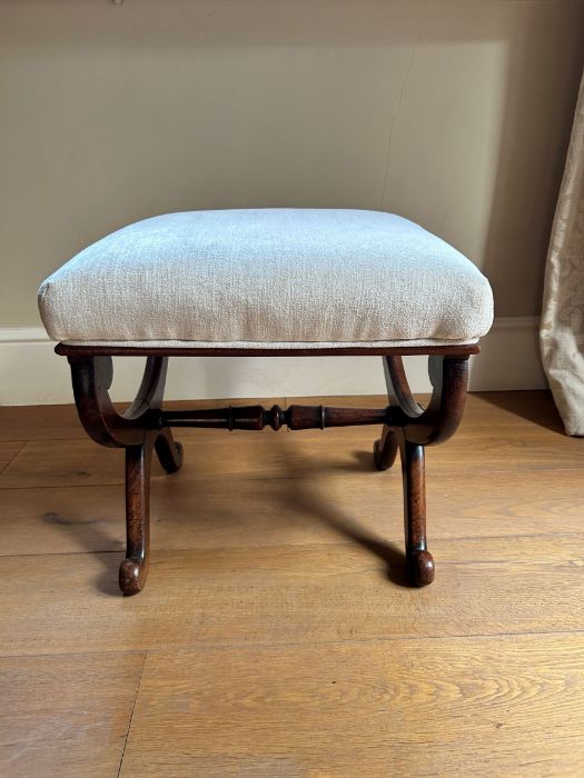 A William IV rosewood X framed stool, circa 1835, upholstered seat, the end supports united by a - Image 2 of 2