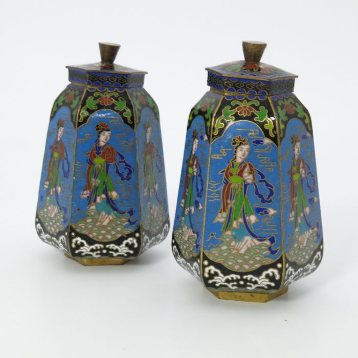 A pair of Japanese cloisonne covered vases, Meiji period, 1868-1912, of hexagonal tapered form,