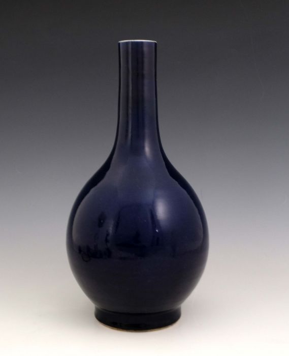 A Chinese blue monochrome glaze bottle vase, 18th century, extended neck, bombe body, celadon