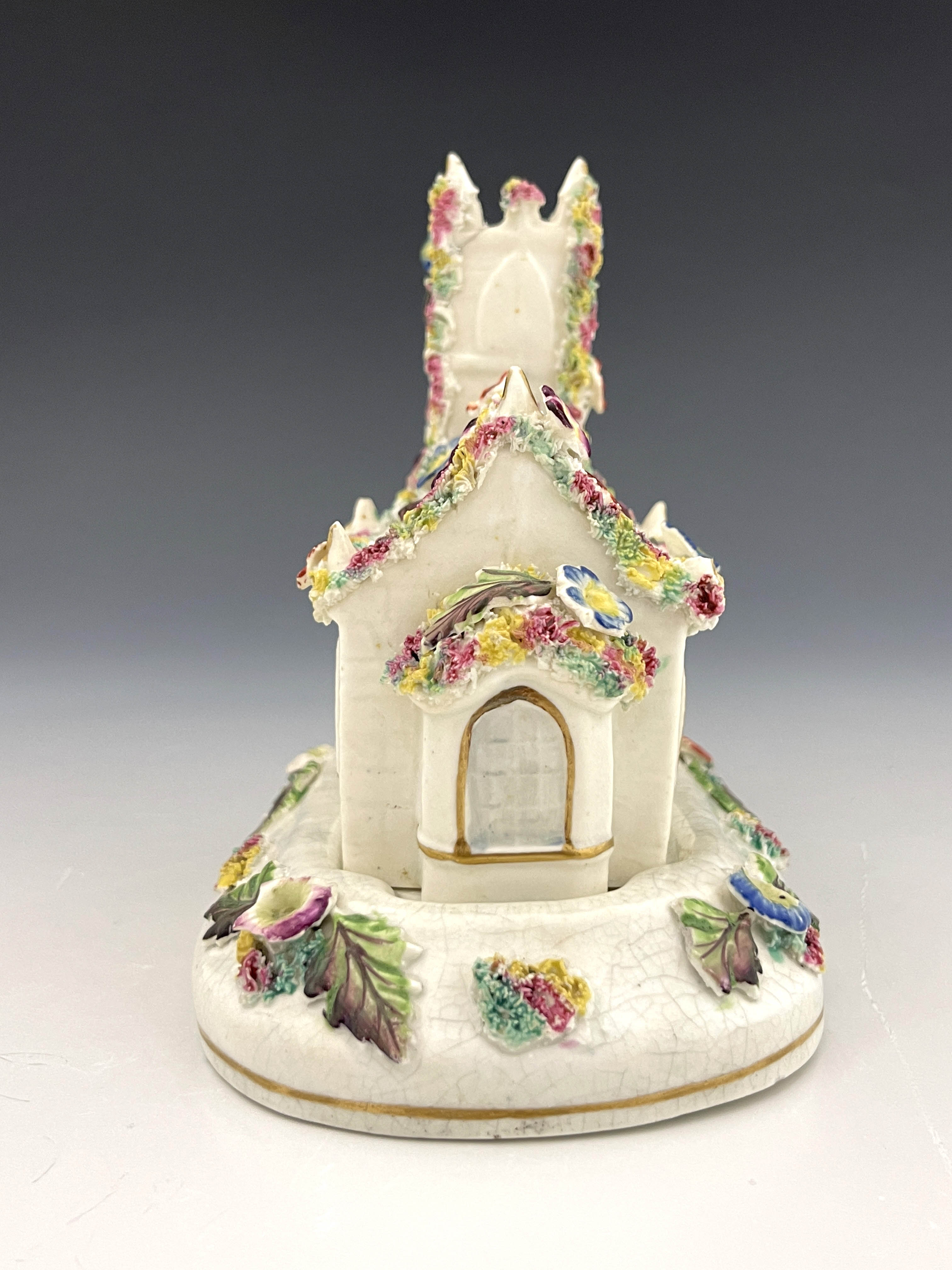 A 19th Century pastille burner on a separate stand, modelled as a Gothic church with tower, florally - Image 3 of 10