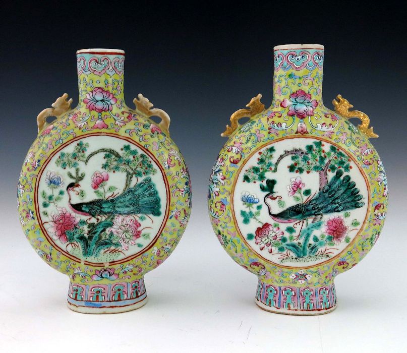 A pair of 19th Century Chinese moonflasks, zoomorphic gilt twin handles, famille rose decorated with - Image 2 of 3