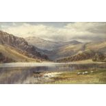 Ebenezer Alfred Warmington (British, 1830-1903), a Welsh mountainous lake landscape with a moored