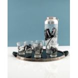 An American style cocktail set, circa 1950s, the chrome lidded decanter decorated in monochrome