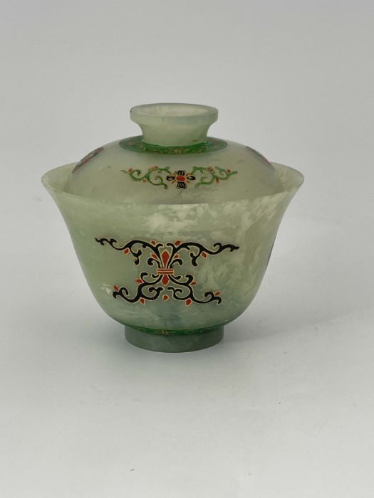 A Chinese pale jade covered rice bowl, footed cover, the main vessel of slightly flared form, enamel - Image 3 of 5